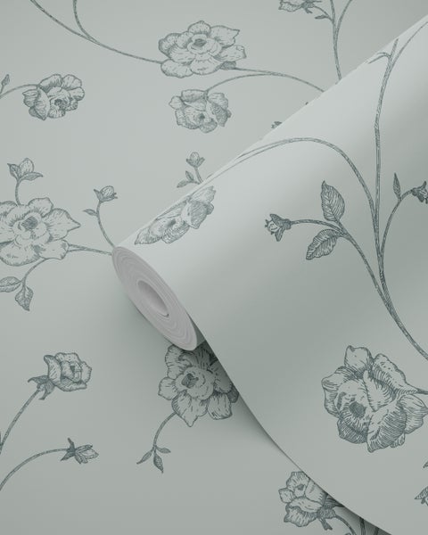 ESTAhome Tapete Toile de Jouy Rosen Graugrün - 53 cm x 10.05 m - 139314