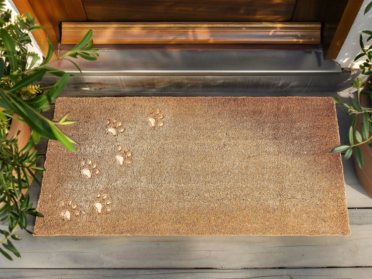 Rechteckige Fußmatte aus Kokosfaser mit Pfotenabdrücken vor einer Haustür, eingerahmt von Pflanzen in Töpfen auf einem Holzboden.