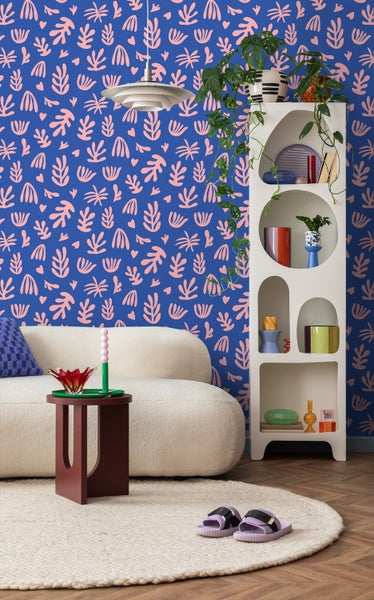 ESTAhome Tapete Pflanzen im Matisse-Stil Blau und Rosa - 50 x 900 cm - 131022