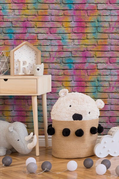 Kinderzimmer mit gemusterter Backstein Tapete, Spielzelt und weißen Möbeln