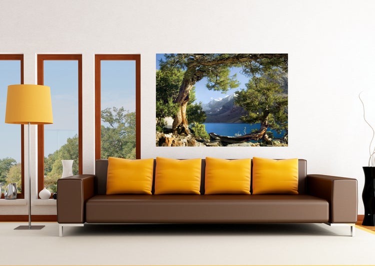 Wohnzimmer mit braunem Sofa, gelben Kissen und einem Wandbild mit einer Baumlandschaft am See.