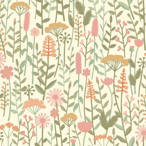 ESTAhome Tapete Feldblumen Hellgrün und Rosa - 50 x 900 cm - 131549