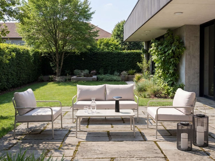 Modernes Garten-Lounge-Set auf Steinterrasse mit Sofa, Sesseln und Tisch aus Metall. Der helle, organisierte Garten wirkt weitläufig.
