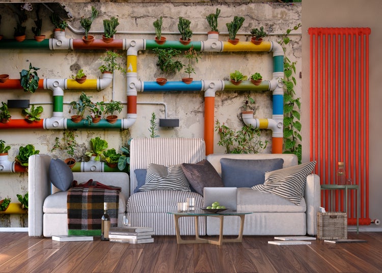 Wohnzimmer mit Sofa, Tisch und dekorativer Wandgestaltung mit Pflanzen