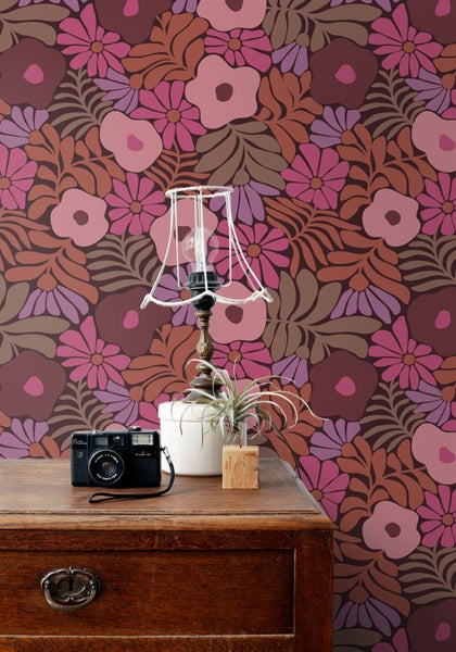 ESTAhome Tapete Blumen im Matisse-Stil Rosa, Lila und Terrakotta - 50 x 900 cm - 131136