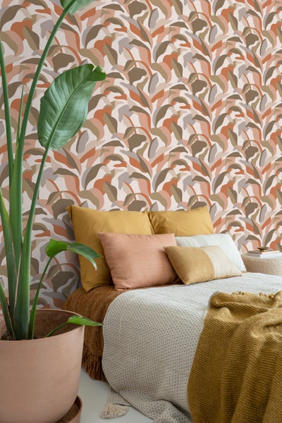 ESTAhome Tapete tropische Blätter Terrakotta, Braun und Beige - 50 x 900 cm - 139943