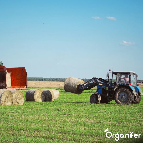 Szene mit Traktor, Heuballen und Anhänger auf einem Feld