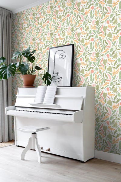 ESTAhome Tapete Blätter und Blumen Grün, Rosa und Orange - 50 x 900 cm - 131048