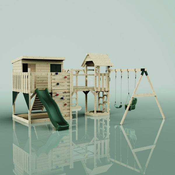 Holzspielplatz mit Rutsche, Kletterwand und Schaukel