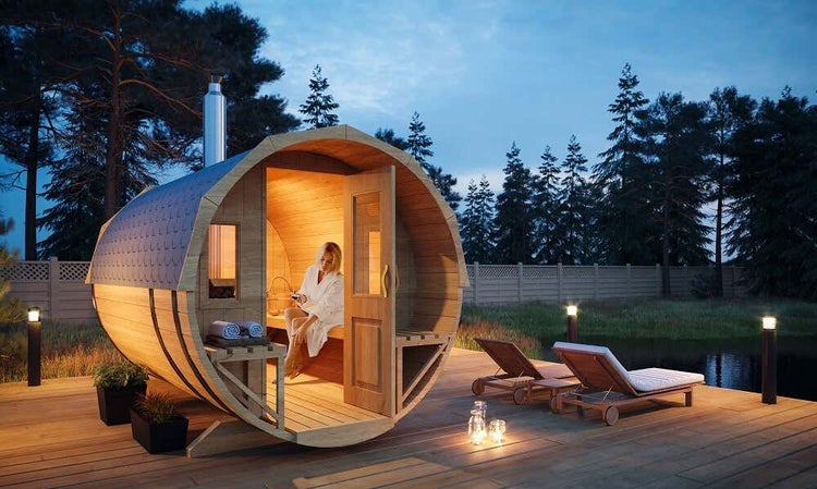 FinnTherm Fass-Sauna Sam Fasssauna 2 Sitzbänke aus Holz Sauna mit 40 mm Wandstärke, Außensauna mit Montagematerial