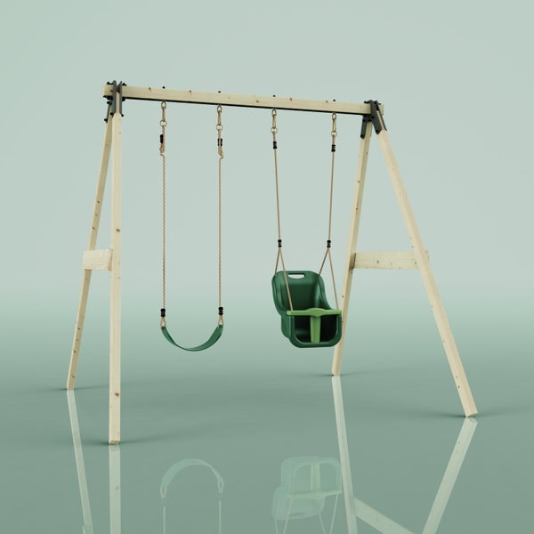 Schaukelgestell aus Holz mit zwei grünen Schaukeln, bestehend aus einem flexiblen Sitz und einem Kleinkindersitz mit Sicherheitsbügel.