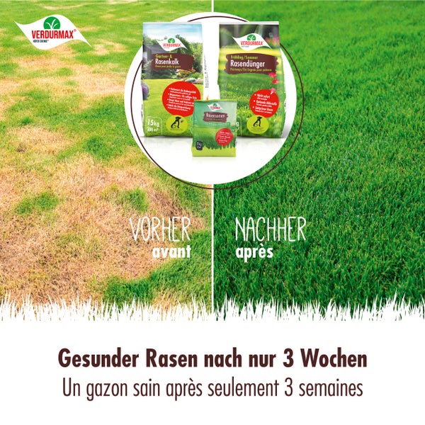 Vorher-nachher-Vergleich von Rasenflächen mit Verdurmax Garten- und Rasenkalk, Rasendünger und Rasensamen