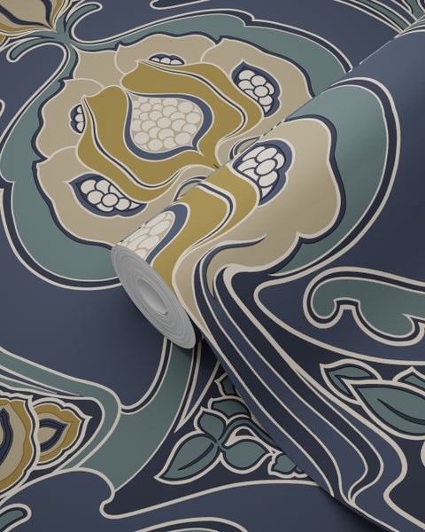 ESTAhome Tapete Blumenmuster im Jugendstil Graublau - 53 cm x 10.05 m - 139572