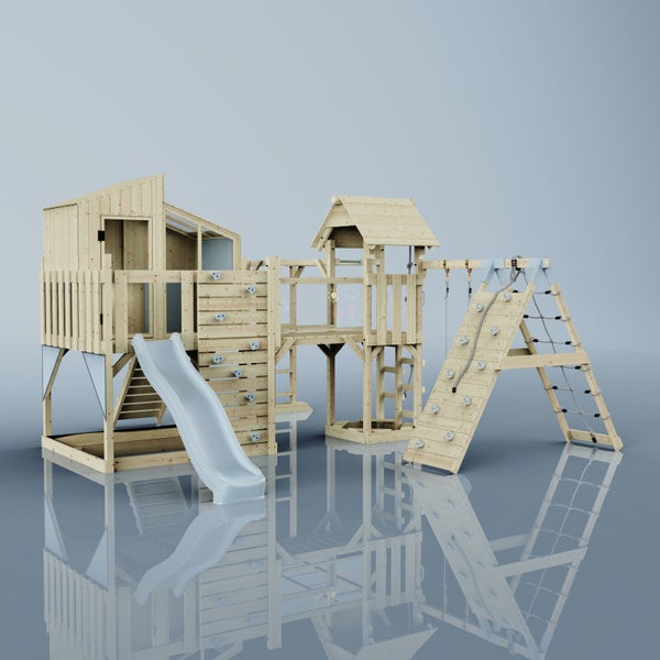 Holzspielplatz mit Rutsche, Kletterwand und Schaukel