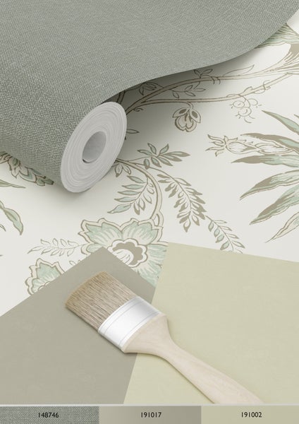 ESTAhome Tapete Blumenmuster Creme-Beige und Graugrün - 53 cm x 10.05 m - 139400