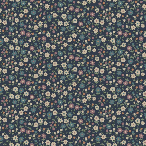 ESTAhome Tapete Blumen Dunkelblau, Violettrosa und Graugrün - 53 cm x 10.05 m - 139471