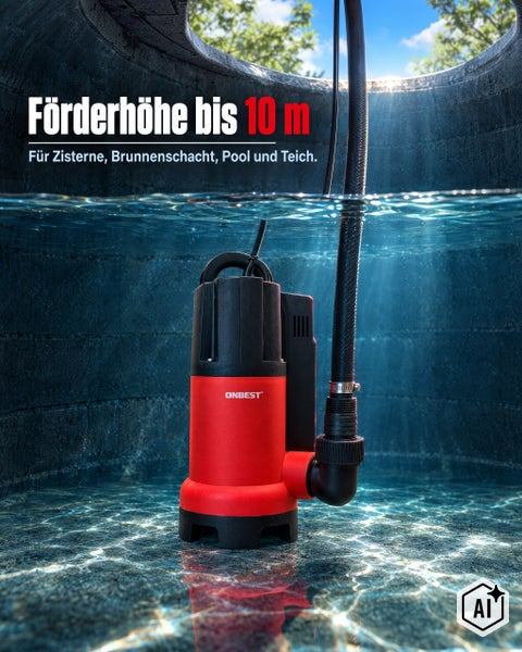 Tauchpumpe Onbest mit 10 Meter Förderhöhe für Zisterne, Brunnenschacht, Pool und Teich.