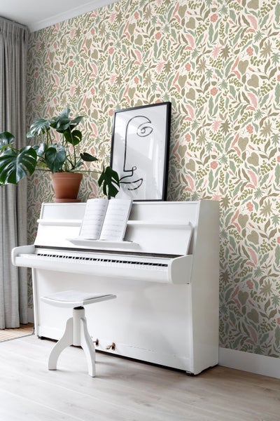 ESTAhome Tapete Blätter und Blumen Graugrün und Rosa - 50 x 900 cm - 131050