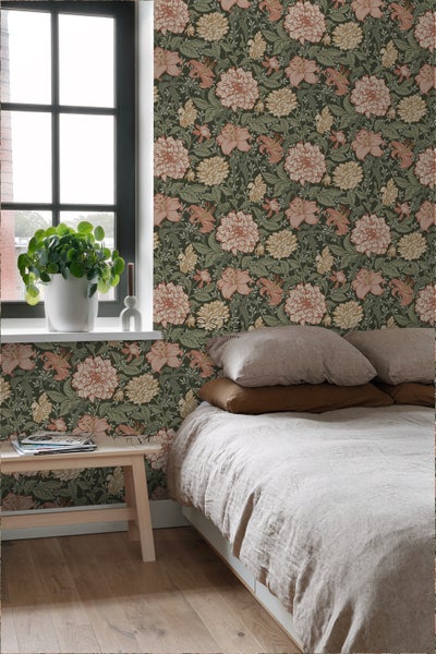 ESTAhome Tapete Blumenmuster Graugrün und Terrakottarosa - 53 cm x 10.05 m - 139381