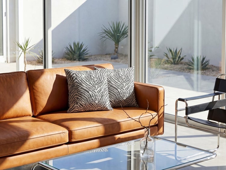Modernes, helles Wohnzimmer mit einem braunen Ledersofa, zwei Kissen im Zebramuster, einem Glastisch und großen Fenstern mit Blick auf eine Terrasse.