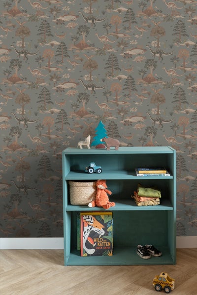 ESTAhome Tapete Dinosaurier Graublau und Braun - 50 x 900 cm - 131656
