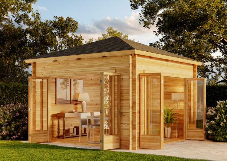Modernes Gartenhaus aus Holz mit Pyramidendach und zwei geöffneten Doppeltüren mit Glaseinsätzen, die einen hellen, eingerichteten Innenraum zeigen.