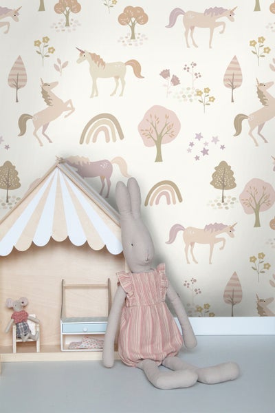 ESTAhome Tapete Einhörner Beige und Hellrosa - 53 cm x 10.05 m - 139503