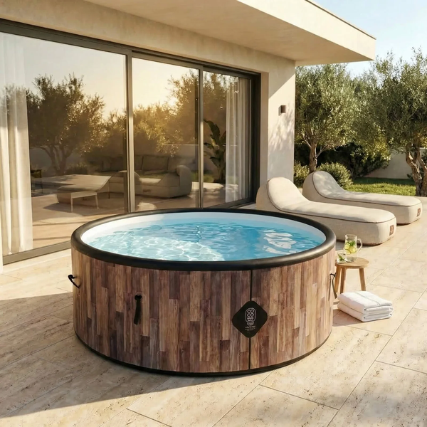 Runder aufblasbarer Whirlpool in Holzoptik mit COCO UNIC Logo auf moderner Terrasse neben Sonnenliegen und großen Glasfronten im Außenbereich.