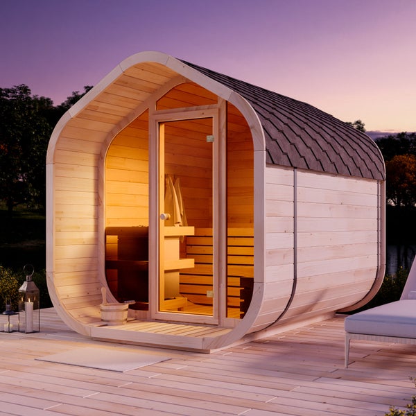 FinnTherm Fasssauna ScandiCube Wave Comfort Fasssauna 3 Sitzbänke aus Holz, Sauna mit 42 mm Wandstärke, Außensauna mit Montagematerial, Naturbelassen