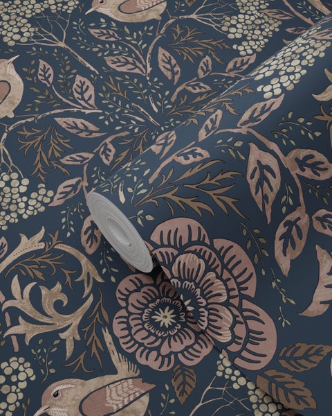 ESTAhome Tapete Blumen und Vögel Dunkelblau und Altrosa - 53 cm x 10.05 m - 139832