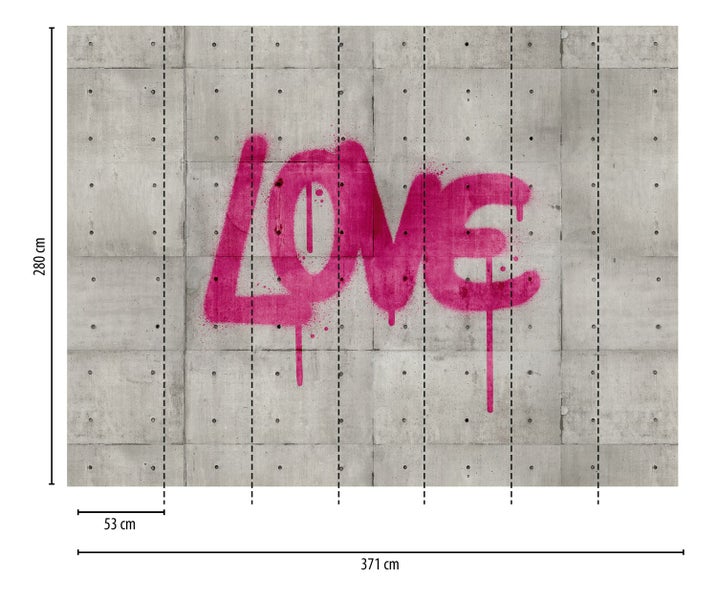Fototapete mit Graffiti-Motiv 'Liebe' auf Betonwand, 371 cm breit und 280 cm hoch
