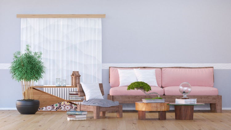 Wohnzimmer mit Sofa, Sessel, Tisch und Zimmerpflanze für eine gemütliche Atmosphäre