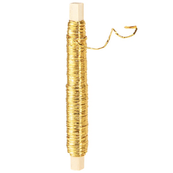 Goldfarbener Bouillondraht auf einem Holzstab gewickelt für Floristik und Bastelarbeiten.