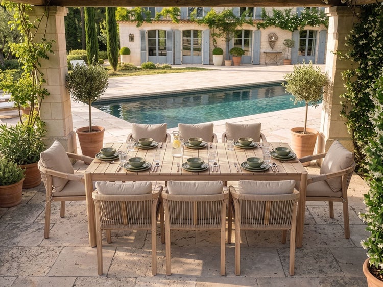 Gartengruppe aus Holz mit Esstisch und acht gepolsterten Stühlen auf einer Terrasse neben einem Pool vor einer mediterranen Villa.