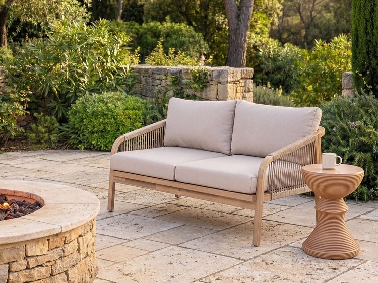 Zweisitzer-Gartensofa mit Holzgestell, Seilbespannung und hellen Kissen auf einer Steinterrasse neben einer Feuerstelle und einem Beistelltisch.
