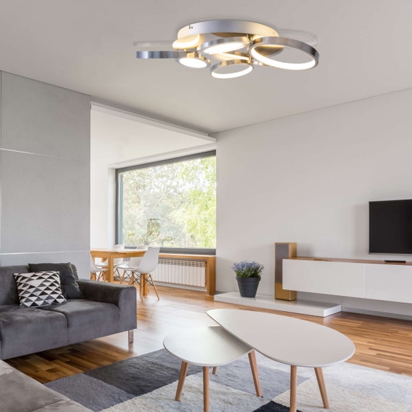 LED Deckenleuchte STELARI Ø 56 cm, aus Metall in stahl-blank und weißem Kunststoff, mit fest verbauten LEDs, Deckenlampe für Wohnräume oder Büro