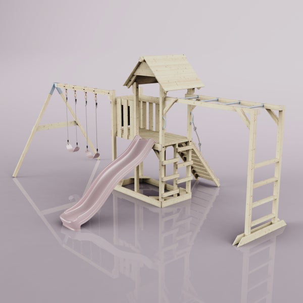 Spielplatz mit Schaukeln, Rutsche, Kletterleiter und Spielhaus aus Holz