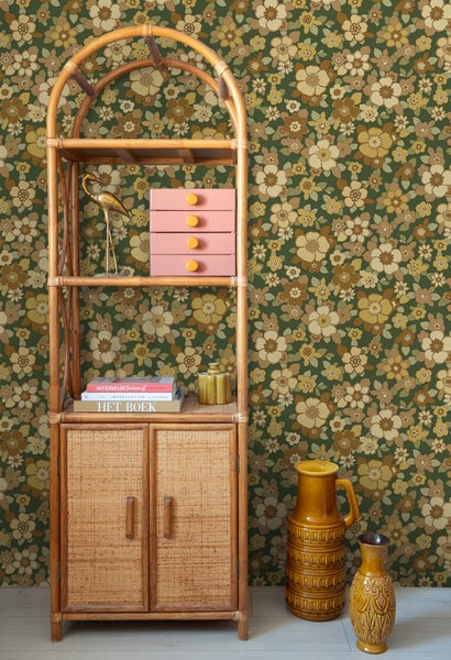 ESTAhome Tapete Retro Blumen Dunkelgrün und Gelb - 50 x 900 cm - 131528