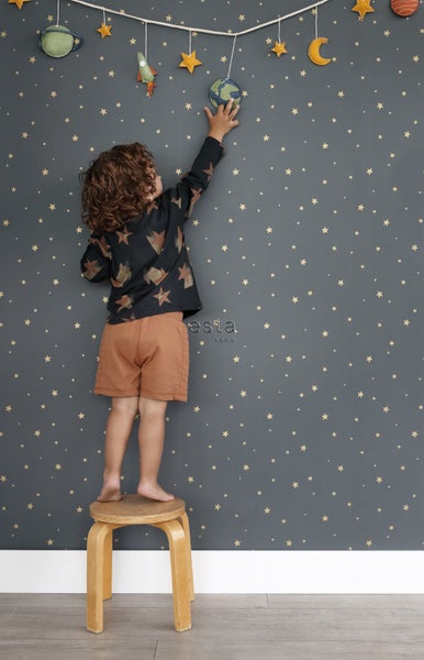 ESTAhome Tapete kleine Sterne Graublau und Gold - 53 cm x 10.05 m - 139261