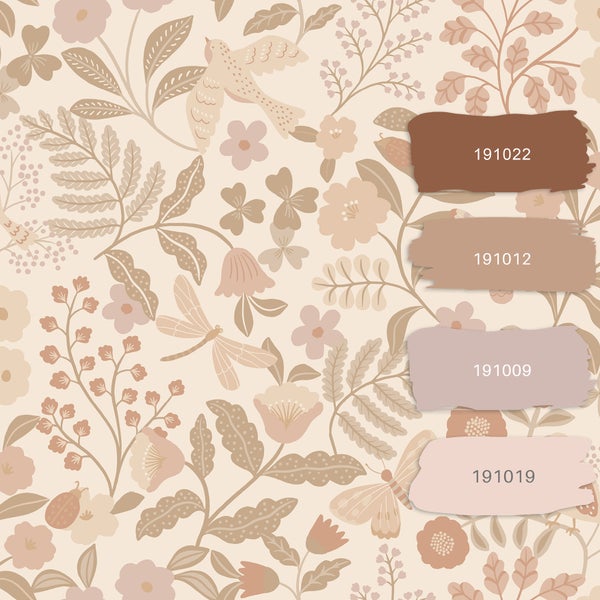 ESTAhome Tapete Blumen und Vögel Beige und Hellrosa - 53 cm x 10.05 m - 139868