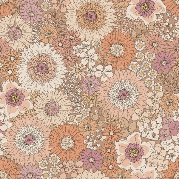 ESTAhome Tapete Retro Blumen Terrakotta, Lila und Weiß - 50 x 900 cm - 131314