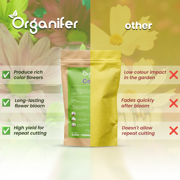 Organifer Logo. Vergleich von Blumensamen: Organifer bietet eine intensive Blütenpracht, lange Blütezeit und hohen Ertrag für Schnittblumen.