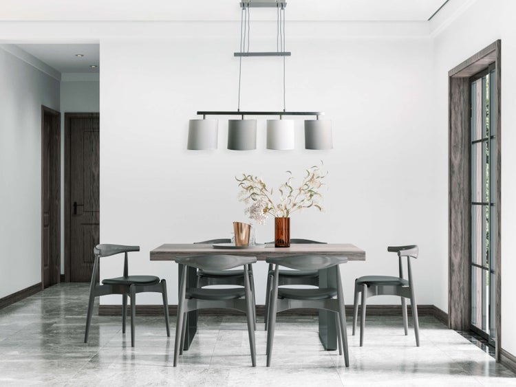 4er Pendelleuchte TILDE, klassische Pendellampe aus Metall und Textil in Grau und Weiß, mit E27-Fassung, höhenverstellbar, 86 cm lang, ideal als Esszimmerleuchte