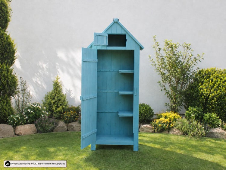 Gartenschrank aus Holz mit Satteldach und Ablagefächern im Garten