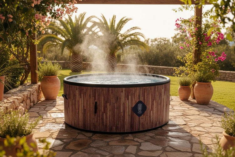 Runder Whirlpool in Holzoptik mit Coco Spa Logo auf einer Steinterrasse in einem hellen Garten mit Palmen und Blumen.