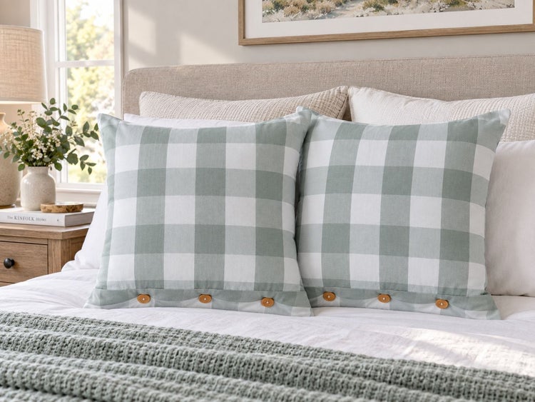 Zwei quadratische Dekokissen mit Karomuster und Knopfdetails auf einem bezogenen Bett in einem hellen Schlafzimmer.