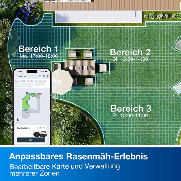 Smartphone zeigt App zur Verwaltung mehrerer Mähzonen und Zeitpläne eines Mähroboters auf einer Gartenkarte.