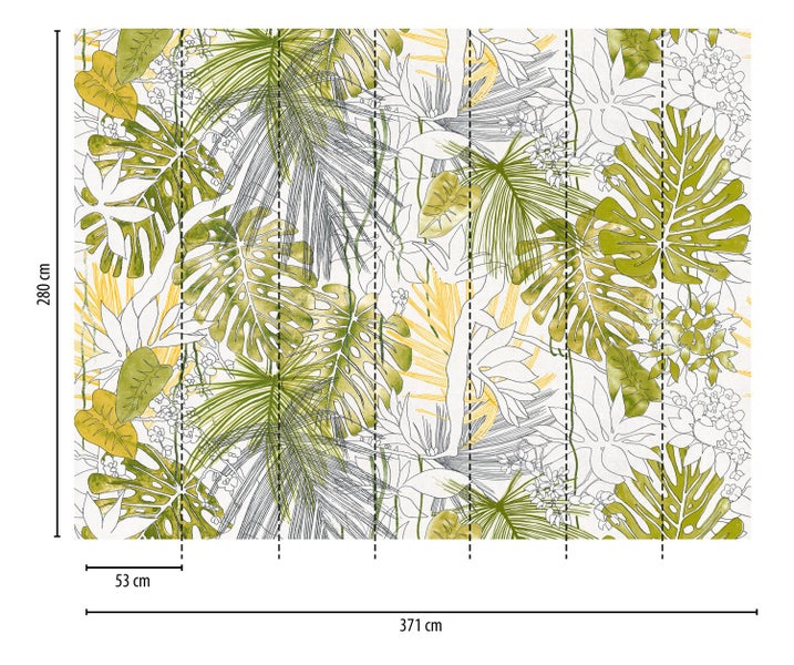 Fototapete mit Pflanzenmotiven und Maßangaben
