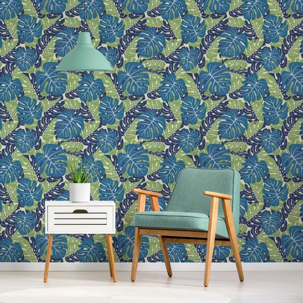 Walls4You Tapete Palmblätter Graublau und Graugrün - 53 cm x 10 m - 640160