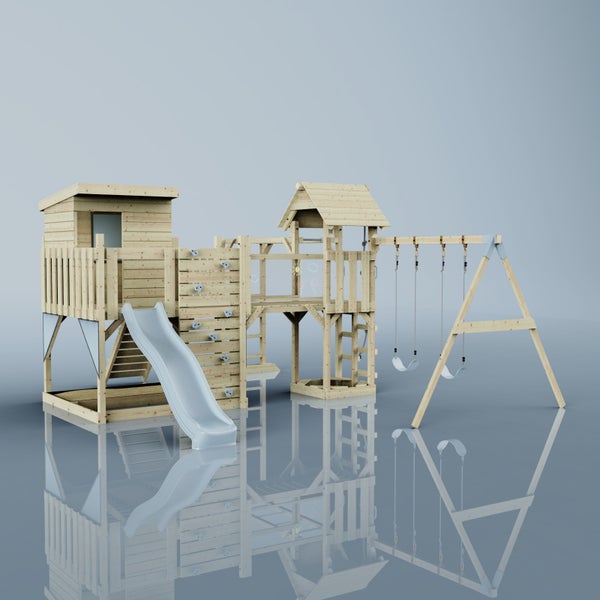 Holzspielplatz mit Rutsche, Kletterwand und Schaukel